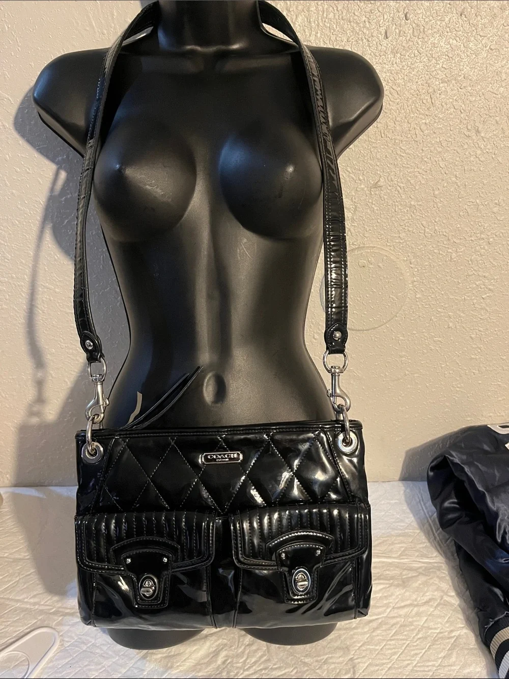 Coach Black Patent Quilted Crossbody with Dual Front Pockets